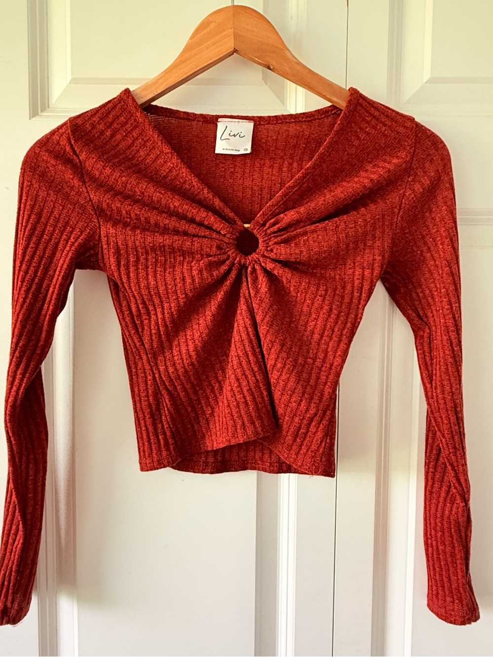 Olivia Rae Rust Ribbed Twist-Ring Long Sleeve Top